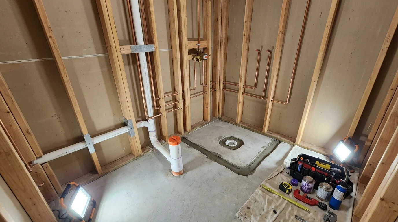 Bathroom rough-in plumbing during remodel by Johns Plumbing LLC in Wrightwood