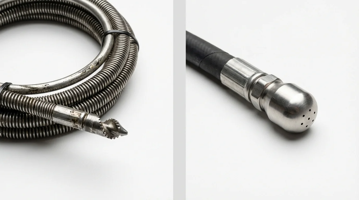 Drain snake cable and hydro jetting nozzle used for drain cleaning in Wrightwood, CA