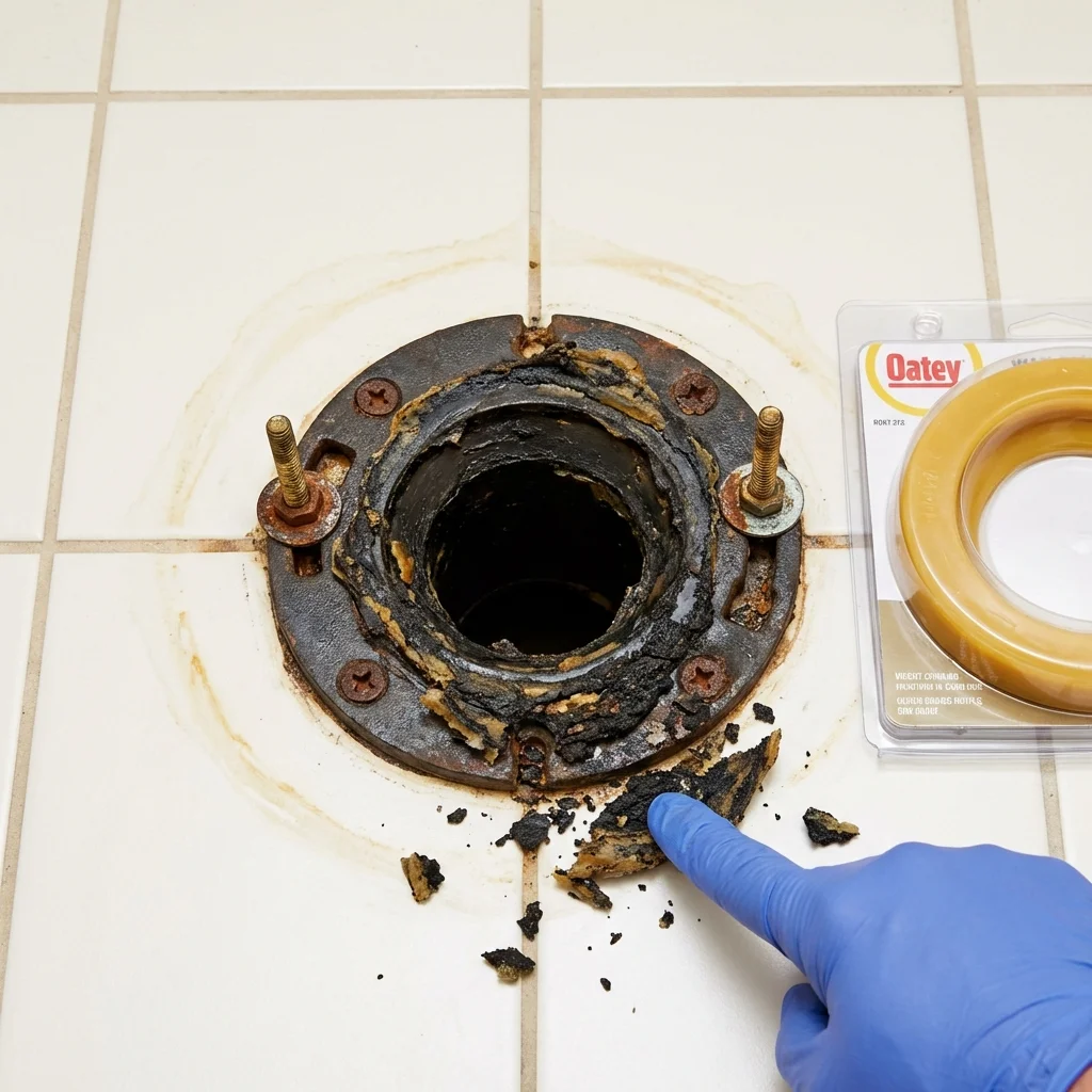 Failed wax ring showing water seepage at the base of a toilet in a Wrightwood, CA home
