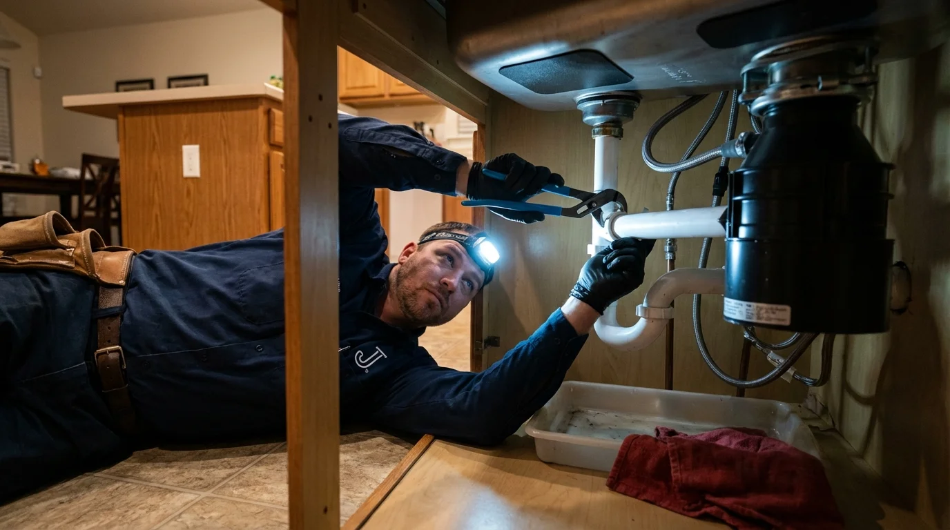 P-trap and supply line connections under a kitchen sink showing a common leak point in Wrightwood, CA